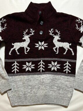 Amongst Others Fair Isle Knit Sweater (M); Maroon/Heather Gray; Mock-Neck;
